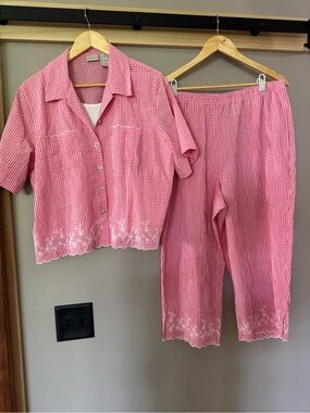 Vintage Koret Francisca Pink Gingham Button-Up Top and Pants Set